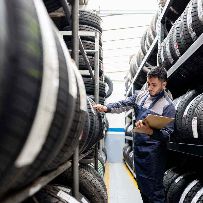 mechanic looking at tires